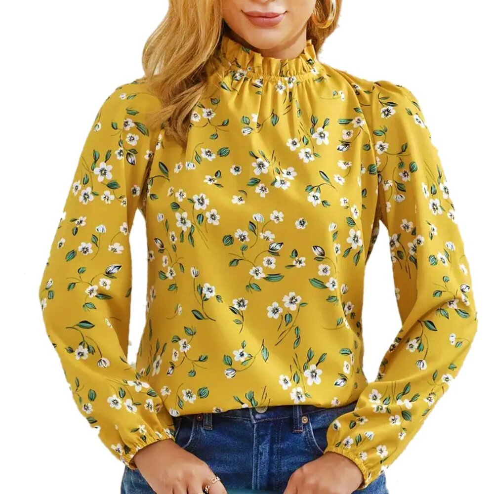 Yellow floral long sleeved blouse with ruffled neckline